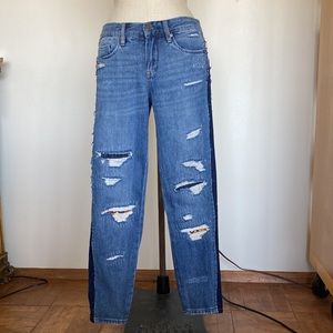 Blank NYC two tone, side stripe, distressed patched jeans 26